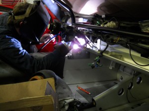 Pickens Welding Master Fabricator Bill Pickens welds the A-pillar tube to the chassis mounting point